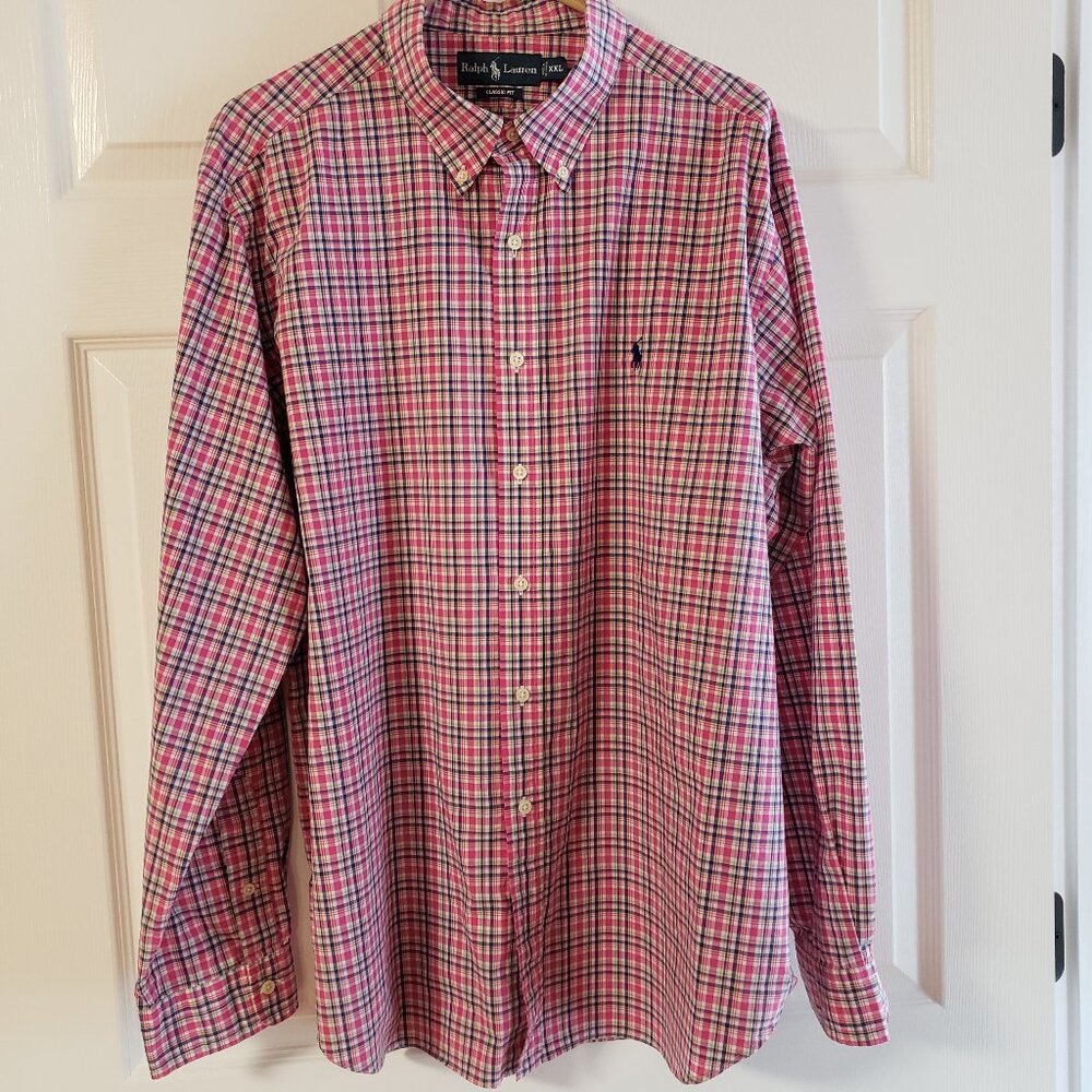 Ralph Lauren Men's Classic Fit Button-Down Long Sleeve Shirt Pink Blue Plaid XXL